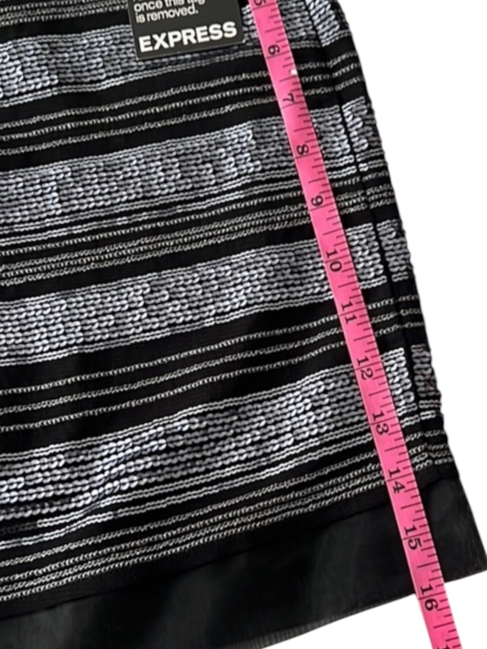 Express Sequin Striped Mini Skirt Black Silver 12 NWT - Picture 8 of 10